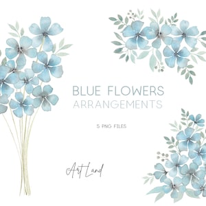 Watercolor Blue Floral Arrangements Clipart – 5 Hand-Painted Flower Bouquet PNGs for DIY Crafts, Invitations, Free Commercial Use