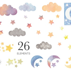 Cloud Star Moon Watercolor Clip Art Set Hand Painted Clouds - Etsy