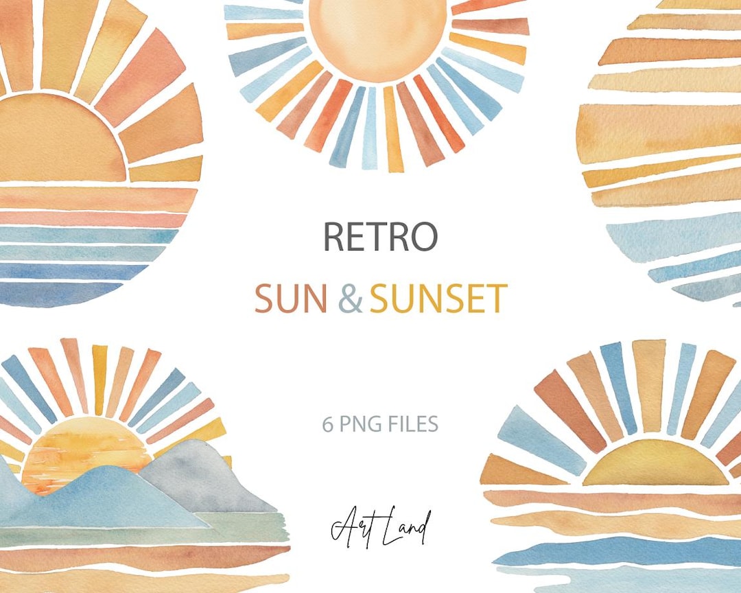 Watercolor Sunset Clipart, Hand Painted Watercolour Digital Sun Clip ...