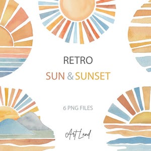 May include: Six watercolour illustrations of retro suns and sunsets in shades of orange, yellow, blue, and brown. The illustrations feature a stylised sun with rays and a horizon line. The text "Retro Sun & Sunset" and "6 PNG Files" are also included.