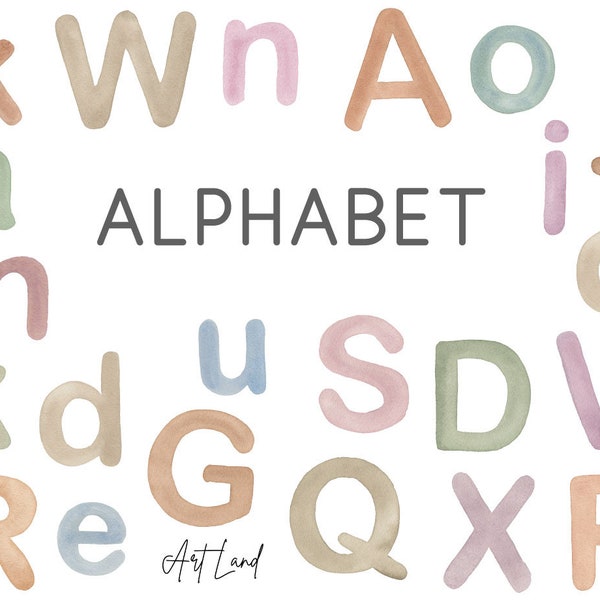 Watercolor Alphabet, Digital Clipart- Boho alphabet Clipart,  Hand painted Watercolour Clipart, School Clip Art, PNG