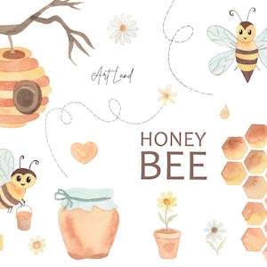 May include: Watercolour illustration of a honey bee theme with a beehive, honey jar, honeycomb, flowers, and bees. The text "Honey Bee" is written in brown letters.