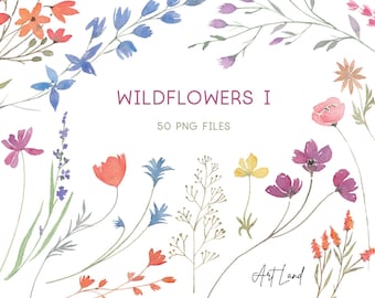 Watercolor Wildflowers Clipart Bundle I – 50 Hand-Painted Botanical Flower PNGs for DIY Crafts, Invitations, Free Commercial Use