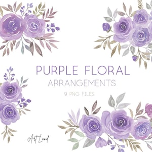 Clipart floral de acuarela: ramo de rosas lilas moradas, descarga digital gratuita para uso comercial (PNG), arreglos florales