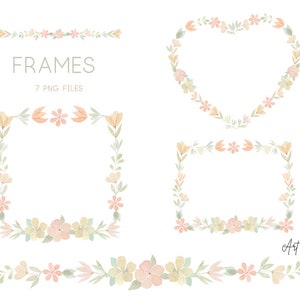 Watercolor Pastel Flowers Frame Clipart – 7 Hand-Painted Heart Border PNGs for DIY Crafts, Invitations, Free Commercial Use