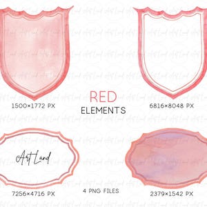 May include: Four watercolor illustrations of red shields and banners with white outlines. The shields and banners are blank and ready to be customized. The text "Art Land" is written on one of the banners.
