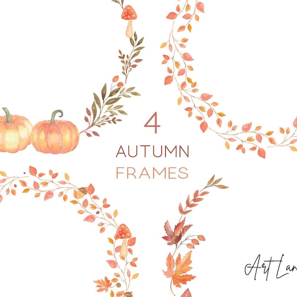 Watercolor Clipart Autumn Wreaths, Fall Wreaths Clipart, Autumn Frames, Pumpkin Watercolour Clip Art Digital, Free Commercial Use, PNG