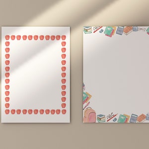 May include: Two printable stationery sheets with borders. One sheet has a red apple border. The other sheet has a border of school supplies, including books, pencils, a backpack, and a calculator. The text "ABC" is on the sheet with school supplies.