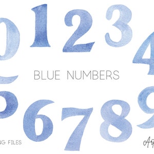 Clipart de números en acuarela: 10 números azules pintados a mano PNG para invitaciones y manualidades de fiesta, uso comercial gratuito, baby shower, niño