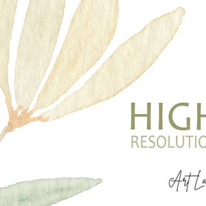 May include: A watercolor painting of a stylized flower with beige petals and a green leaf. The text "HIGH RESOLUTION" is written in green below the flower. The text "Art Land" is written in black cursive below the text "HIGH RESOLUTION".