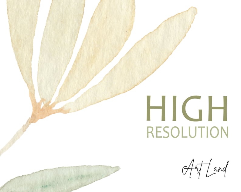 May include: A watercolor painting of a stylized flower with beige petals and a green leaf. The text "HIGH RESOLUTION" is written in green below the flower. The text "Art Land" is written in black cursive below the text "HIGH RESOLUTION".