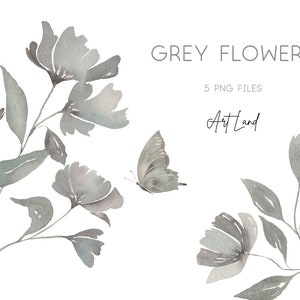May include: Watercolour illustration of grey flowers and a butterfly. The flowers are in various shades of grey and have a delicate, watercolour look. The butterfly is also grey and has a delicate wing pattern. The image is titled "GREY FLOWERS" and includes the text "5 PNG FILES" and "Art Land".
