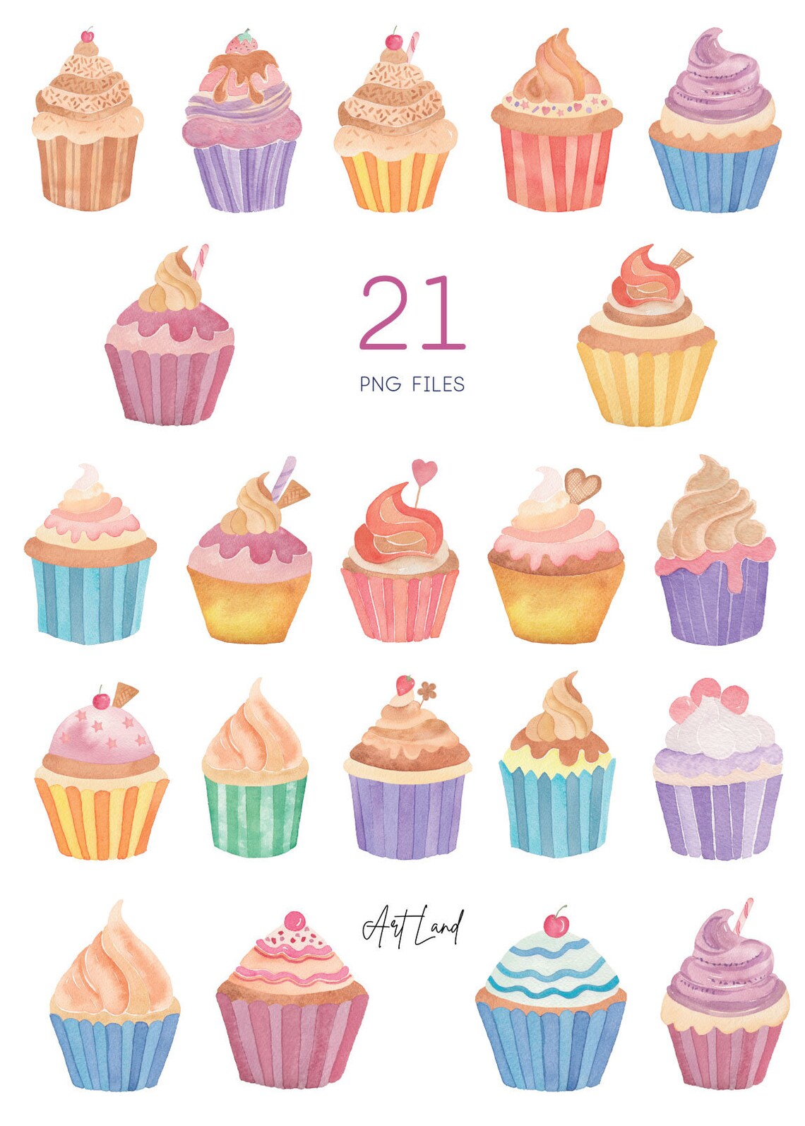 Watercolor Cupcakes Clipart: 21 Hand-painted Birthday Party (PNG ...