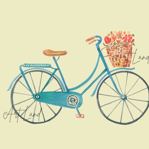 May include: A blue bicycle with a wicker basket filled with red flowers. The bicycle has a brown seat and brown handlebars. The background is a light yellow.
