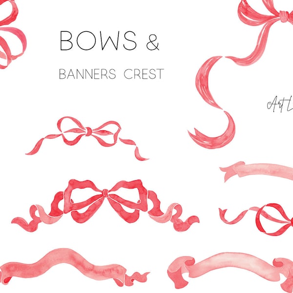 Watercolor ribbon banners and bows clipart, Valentine's day bows , Watercolour Clip Art Digital,  Red Christmas bows clipart, bestseller,PNG