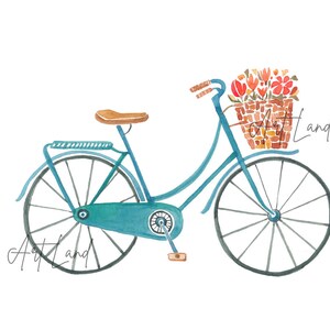 May include: A teal blue bicycle with a brown wicker basket filled with orange and red flowers. The bicycle has a brown seat and black wheels.