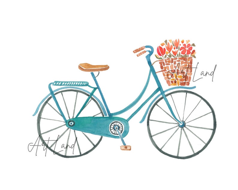 May include: A teal blue bicycle with a brown wicker basket filled with orange and red flowers. The bicycle has a brown seat and black wheels.