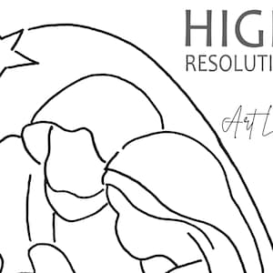 May include: A black and white line drawing of the nativity scene with a star above the manger. The text "HIGH RESOLUTION" and "Art Land" are also included in the image.