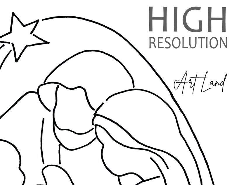 May include: A black and white line drawing of the nativity scene with a star above the manger. The text "HIGH RESOLUTION" and "Art Land" are also included in the image.