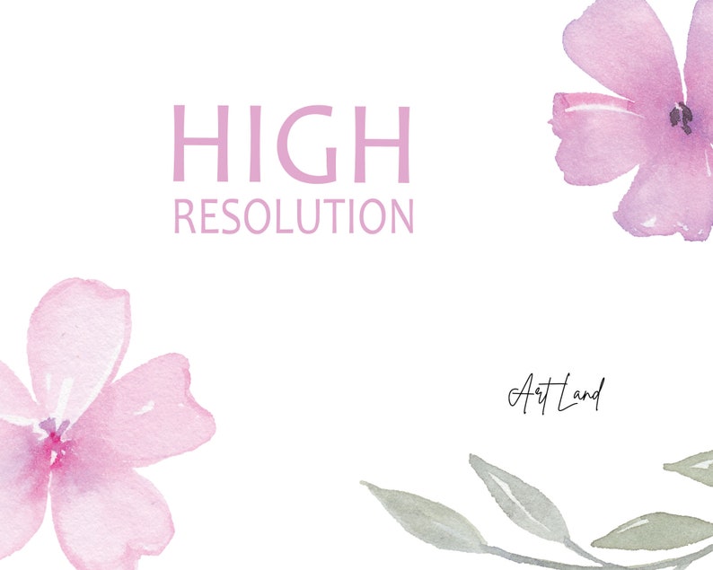 May include: A watercolor painting of pink flowers with green leaves. The text "HIGH RESOLUTION" and "Art Land" are written in the image.