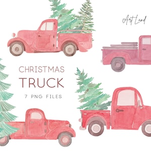 Clipart de árvore de caminhão de Natal em aquarela, Clipart de árvore de Natal, Clipart de caminhão de Natal, Pintado à mão, Clipart de árvore em aquarela, PNG