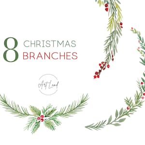 Clipart kersttak aquarel – 8 handgeschilderde wintergroen png's voor doe-het-zelf kerstcadeaus, kaarten, gratis commercieel gebruik