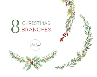 Watercolor Christmas Branch Clipart – 8 Hand-Painted Winter Greenery PNGs for DIY Holiday Crafts, Cards, Free Commercial Use