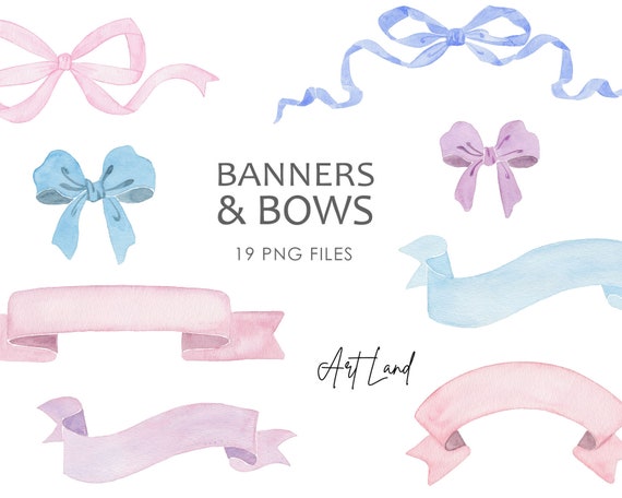 Watercolor Bows & Ribbons Clipart-Hand Painted Bow PNGs for Scrapbook, Branding and Stationery