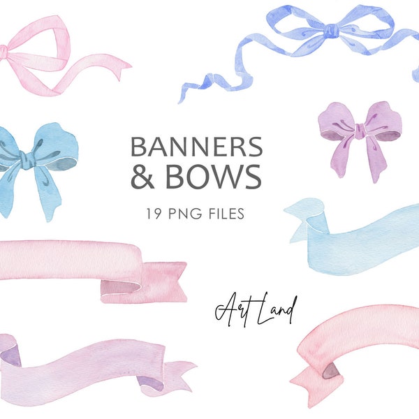 Watercolor ribbon banners and bows clipart, Watercolor Clip Art, Watercolour Clip Art Digital, Pink Purple Blue Birthday party banners, PNG