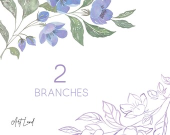 Watercolor Floral Branch, Clipart Blue Purple Flowers, Watercolour Clip Art Digital Download Free Commercial Use PNG, Clipart Branch