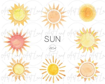 Watercolor Sun Clipart Set – 10 Hand-Painted Yellow and Orange Sun PNGs for Summer Crafts, Boho Decor, DIY Projects, Free Commercial Use