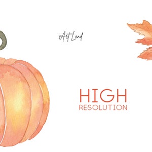 May include: A watercolor painting of a pumpkin and a maple leaf. The pumpkin is orange and has a green stem. The leaf is red and has a white background. The text "HIGH RESOLUTION" is written in red below the image.