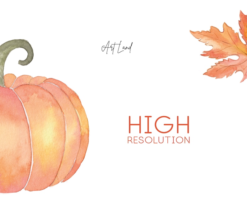 May include: A watercolor painting of a pumpkin and a maple leaf. The pumpkin is orange and has a green stem. The leaf is red and has a white background. The text "HIGH RESOLUTION" is written in red below the image.
