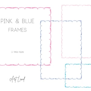May include: Pink and blue frames with scalloped edges. The text "Pink & Blue Frames" and "12 PNG Files" is visible. The text "Art Land" is at the bottom of the image.