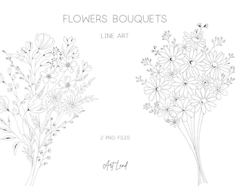 Clipart de buquê de flores em linha: 2 elementos desenhados à mão (SVG, PNG, download digital, uso comercial gratuito)