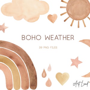 Watercolor Boho Weather Clip Art, Rainbow, Sun, Stars ,Moon ,Clouds  Clipart, Hand Painted PNG Watercolor Graphics, Clip Art, PNG