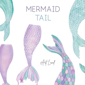 Watercolor Mermaid Tail, hand painted watercolour digital Mermaid Tail art, Purple Aqua Turquoise Lilac, Watercolor Clip Art, PNG