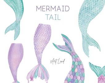 Watercolor Mermaid Tail, hand painted watercolour digital Mermaid Tail art, Purple Aqua Turquoise Lilac, Watercolor Clip Art, PNG