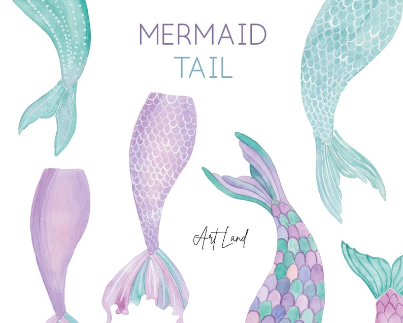 Watercolor Mermaid Tail Hand Painted Watercolour Digital Etsy