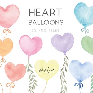 Aquarell Herz Ballons Clipart, Aquarell Ballons, Valentine Heart Ballons, Handgemalte Aquarell Ballons, Grünelemente, PNG
