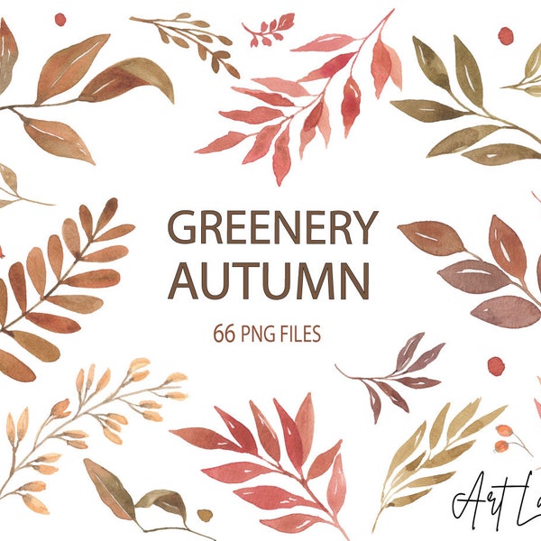 Watercolor Clipart Greenery Autumn Leaves, Falling Fall Foliage, Watercolour Clip Art Digital Download Free Commercial Use, PNG