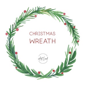 Watercolor Christmas Wreath Clipart – 1 Hand-Painted Winter Holiday PNG for DIY Crafts, Cards, Free Commercial Use, Instant Download