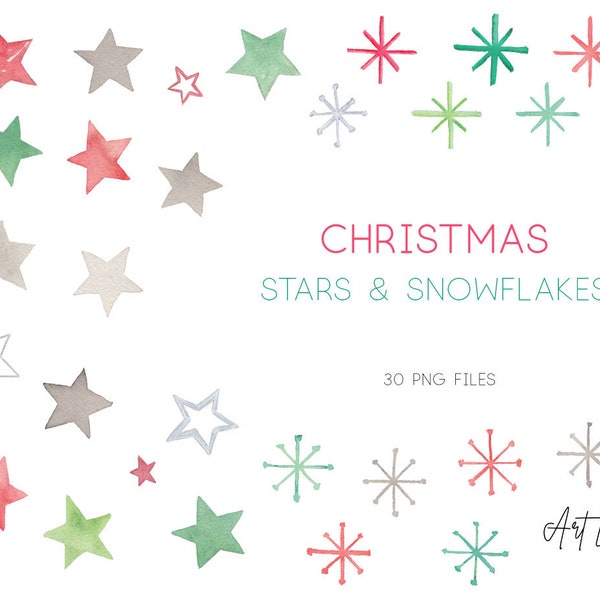 Stars and Snowflakes Watercolor Clip Art Set,Christmas Hand painted Watercolour Clipart, Watercolor set Clipart, Night Clip Art, PNG