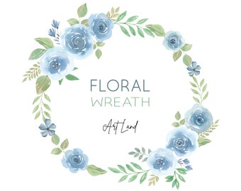 May include: A watercolor floral wreath with blue flowers and green leaves. The wreath is circular and has the text "Floral Wreath" and "Art Land" in the center.