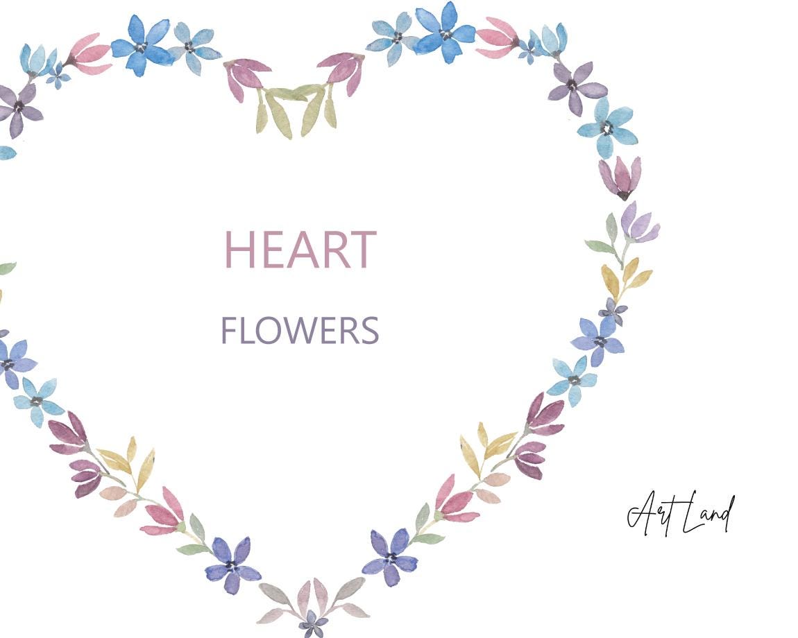 Watercolor Floral Heart Clipart: Hand-painted Flower Wreath (PNG ...