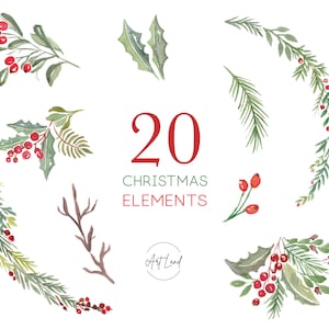 Ensemble de cliparts Noël aquarelle, 20 éléments de vacances, verdure d'hiver et baies, clipart festif, téléchargement immédiat PNG