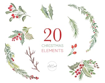 Watercolor Christmas Clipart Set, 20 Holiday Elements, Winter Greenery & Berries, Festive Clip Art, Instant Download PNG