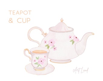 Watercolor Teapot and Teacup Clipart, Watercolor Tea pot Clip Art, Watercolour Clip Art Digital Download Free Commercial Use, PNG