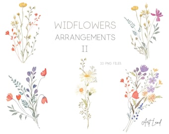 Watercolor Wildflower Bouquets Clipart: 10 Hand-Painted Arrangements (PNG, Digital Download, Free Commercial Use, No-AI)