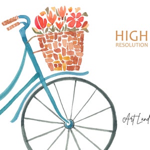 May include: A watercolor painting of a blue bicycle with a basket full of red, orange, and yellow flowers. The bicycle has a single large wheel in the foreground. The text "HIGH RESOLUTION" is written in brown text above the bicycle and the text "Art Land" is written in black text below the bicycle.